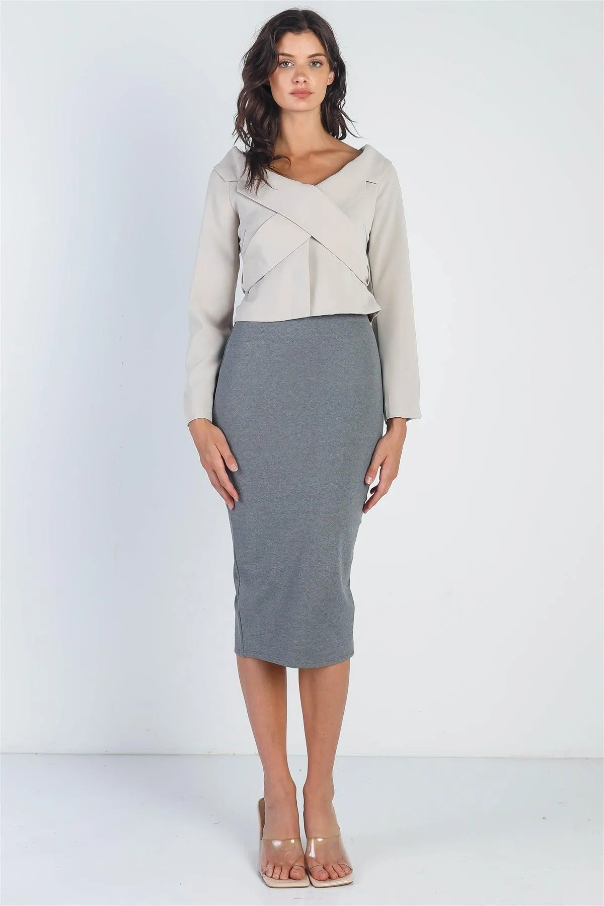 Light Grey Button Up Collared Back Tie Crop Jacket /2-2-1