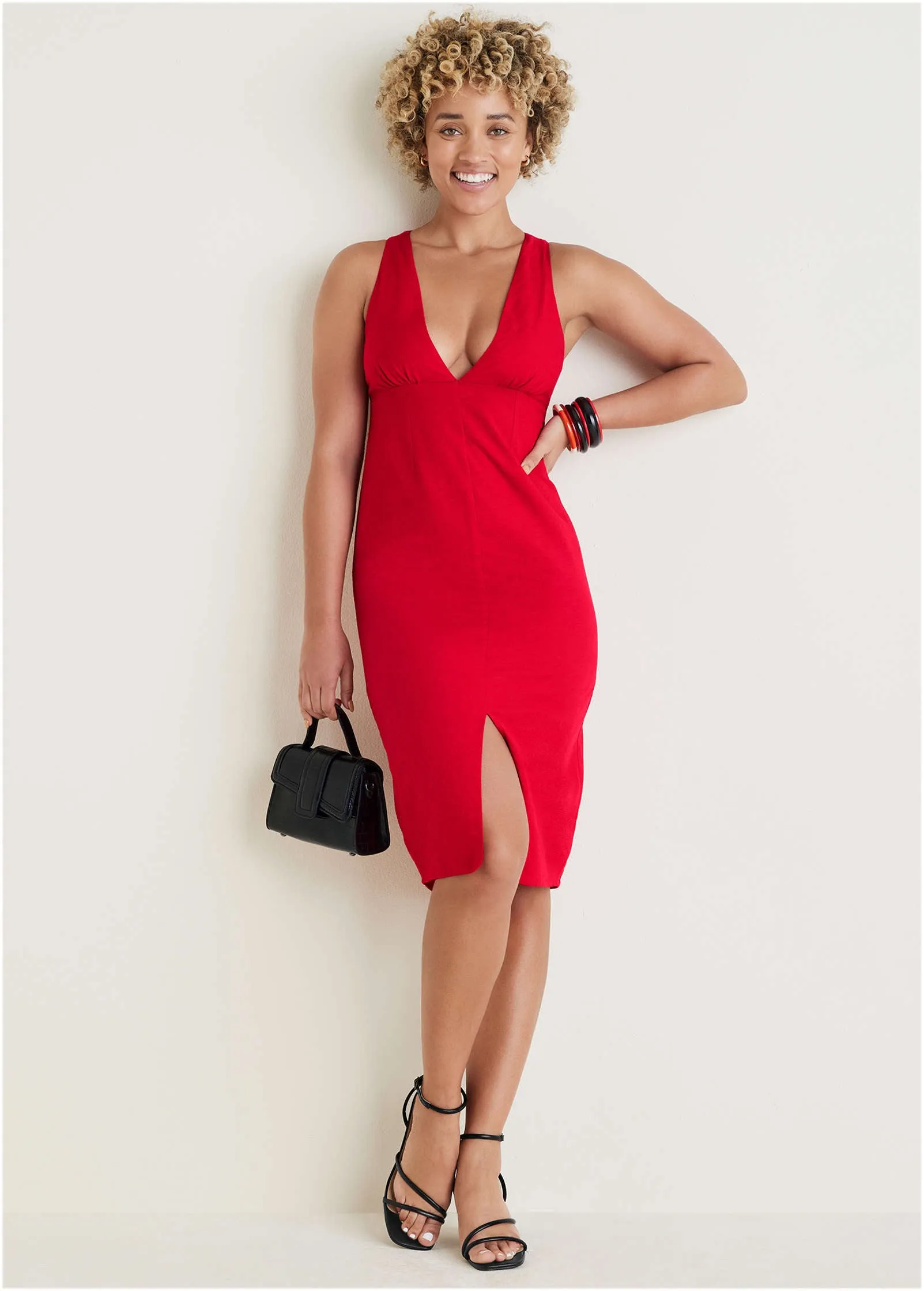 Linen Deep V Dress - Red