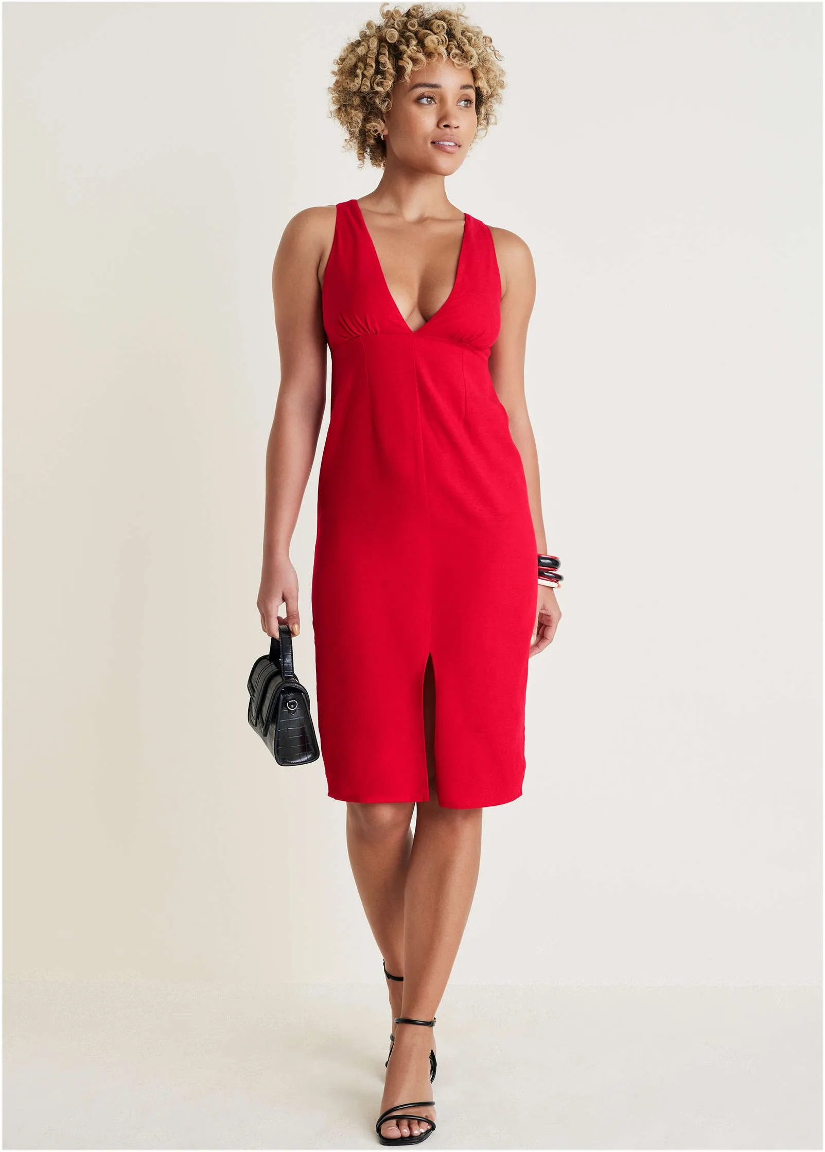 Linen Deep V Dress - Red