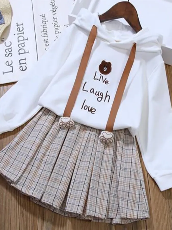 Live, Laugh, Love Hoodie and Pleated Tartan Skirt Set