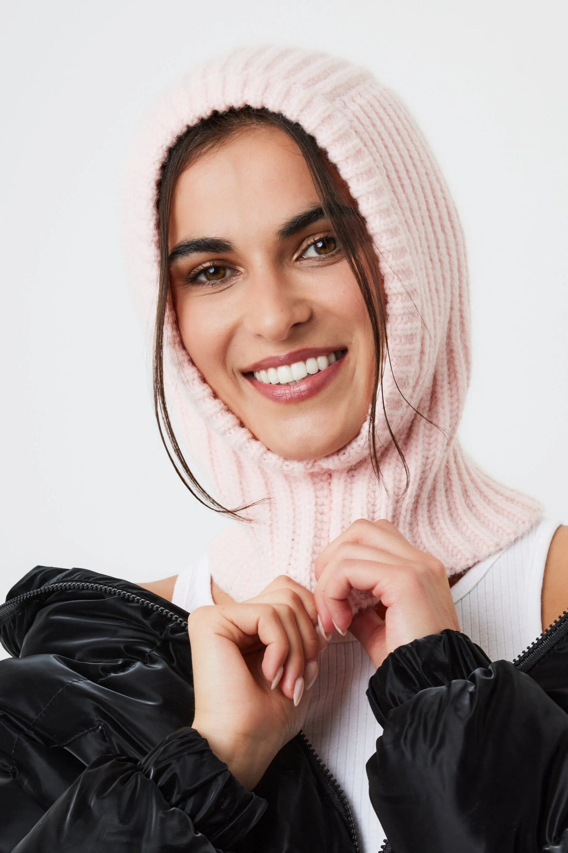 Loose Fit Ribbed Knitted Hood Balaclava in Pink