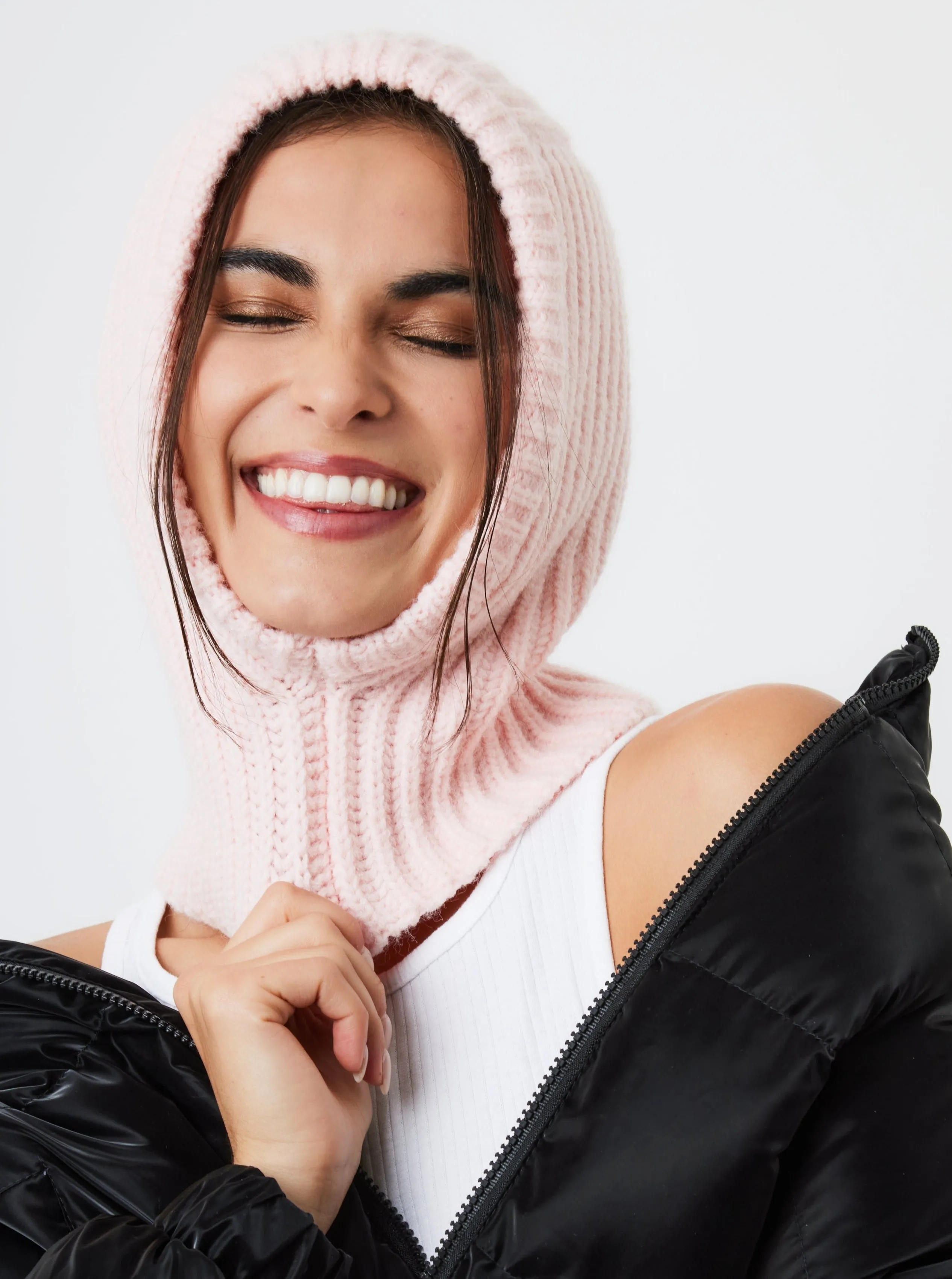 Loose Fit Ribbed Knitted Hood Balaclava in Pink