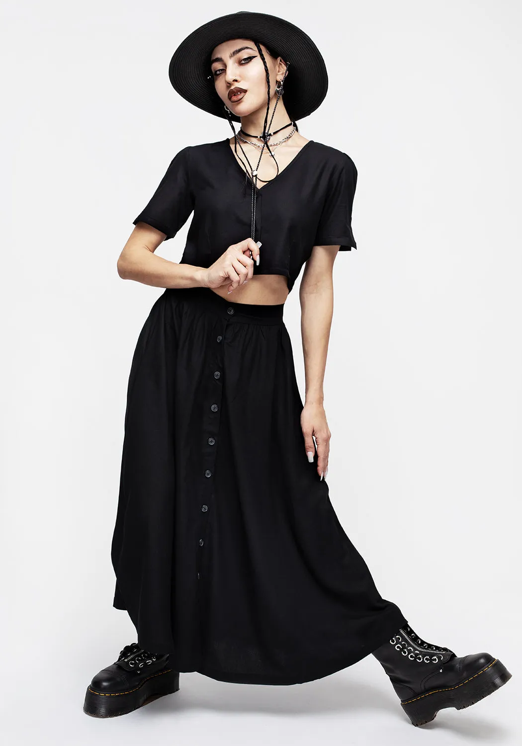 Maidenhair Button Down Midi Skirt - Midnight Black