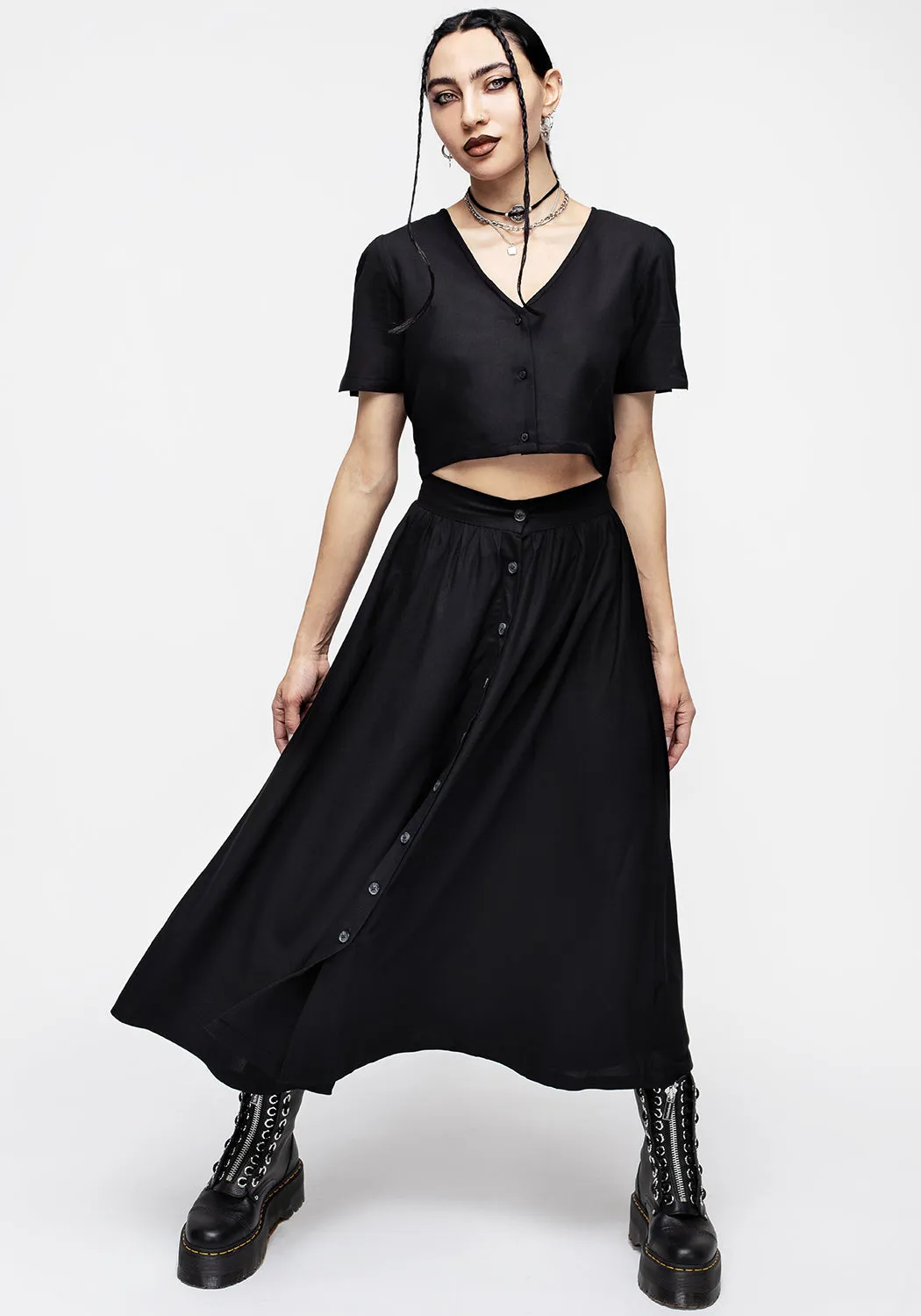 Maidenhair Button Down Midi Skirt - Midnight Black