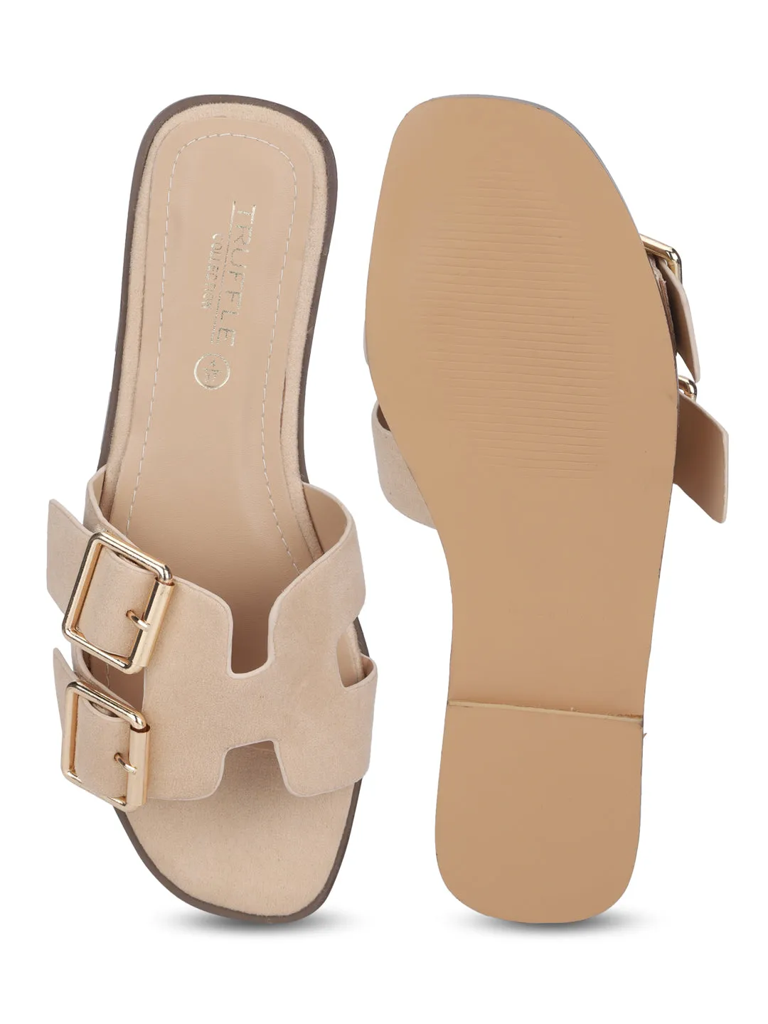 Nude Suede Double Buckle Slip-on Flats