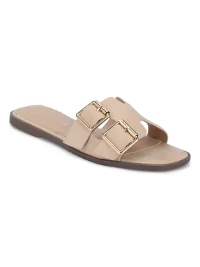 Nude Suede Double Buckle Slip-on Flats