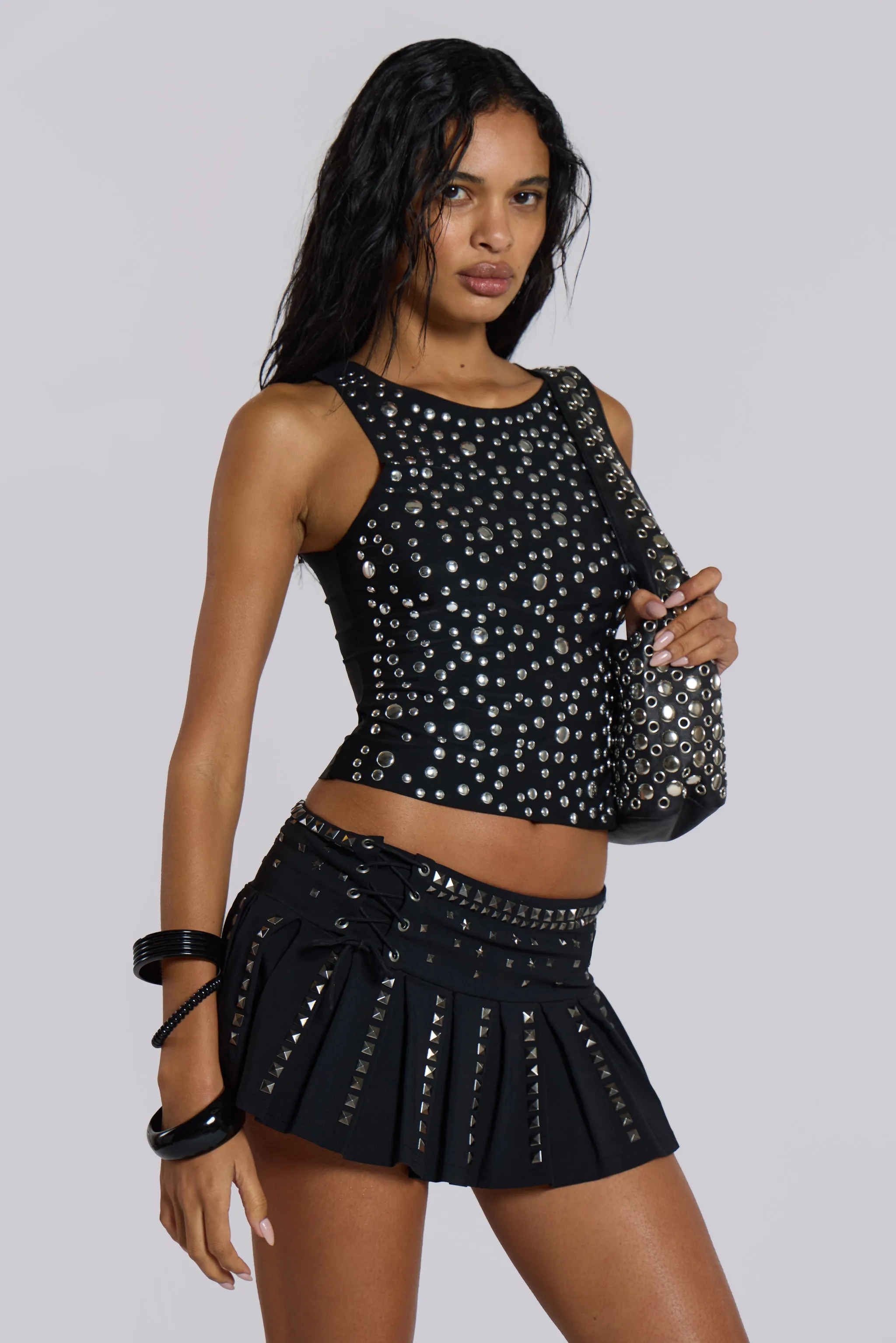 Onyx Studded Pleated Skirt