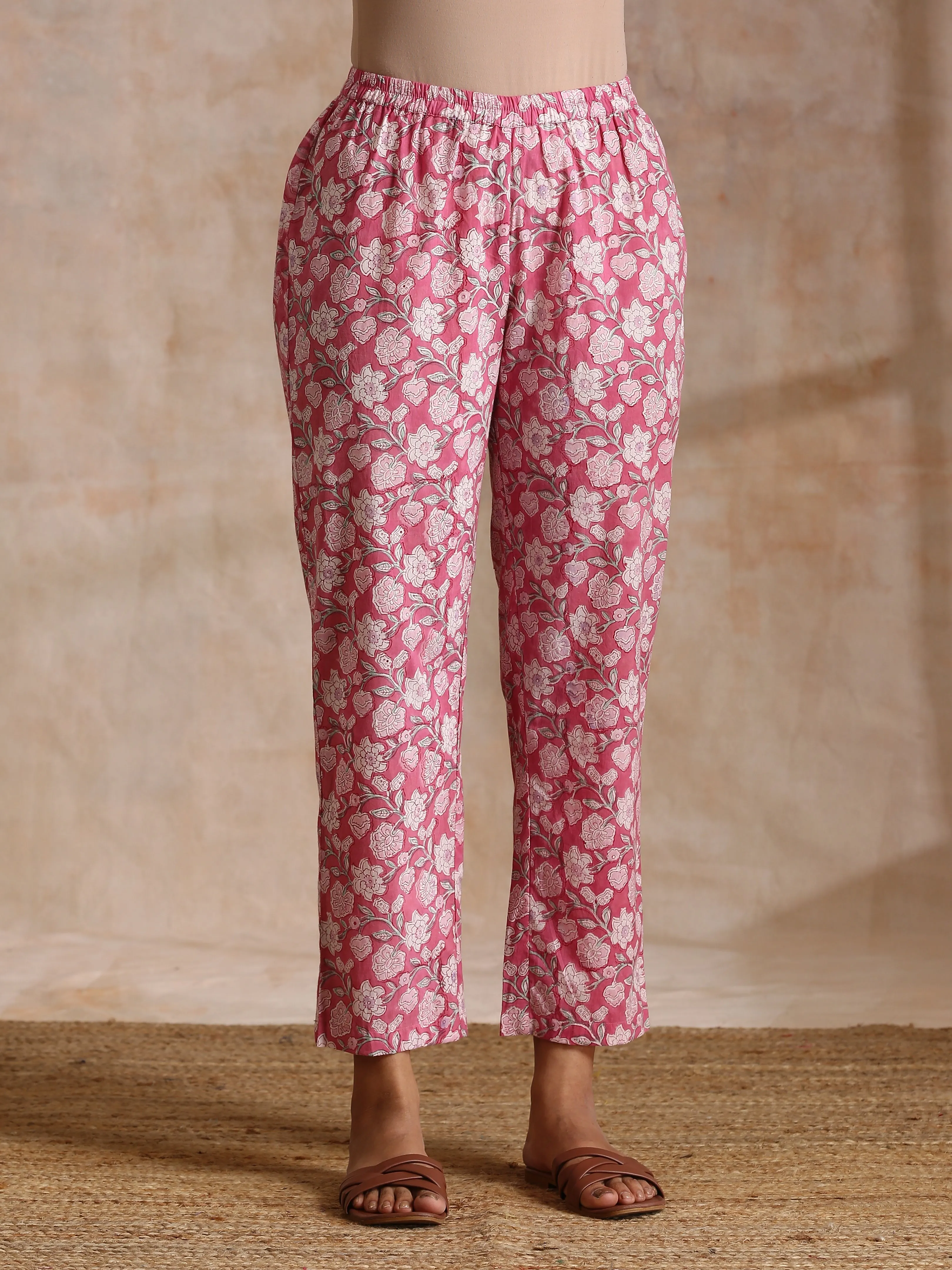 Pink Overall Floral Block Print Cotton Flared Kurta Pant Set