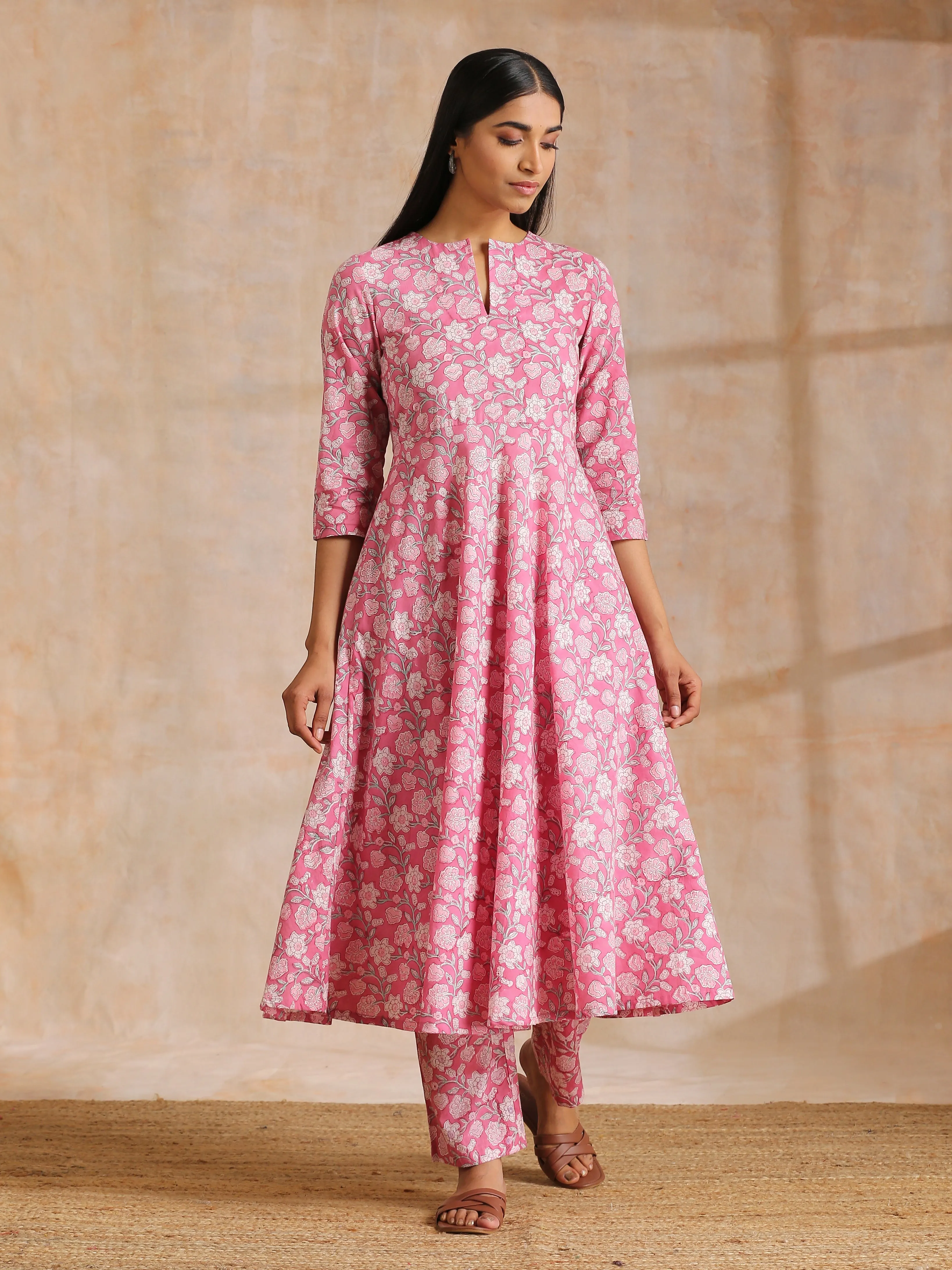 Pink Overall Floral Block Print Cotton Flared Kurta Pant Set