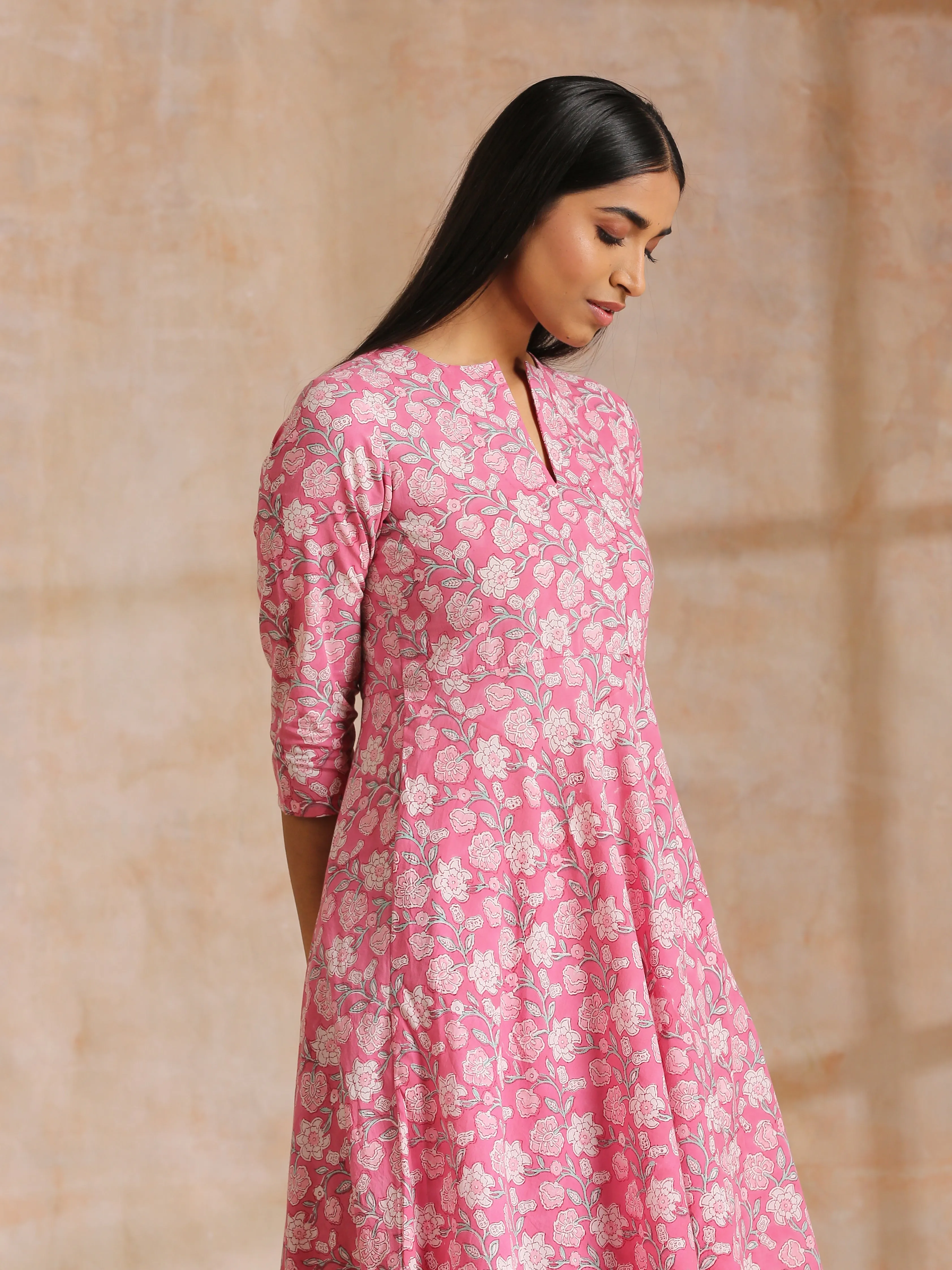 Pink Overall Floral Block Print Cotton Flared Kurta Pant Set