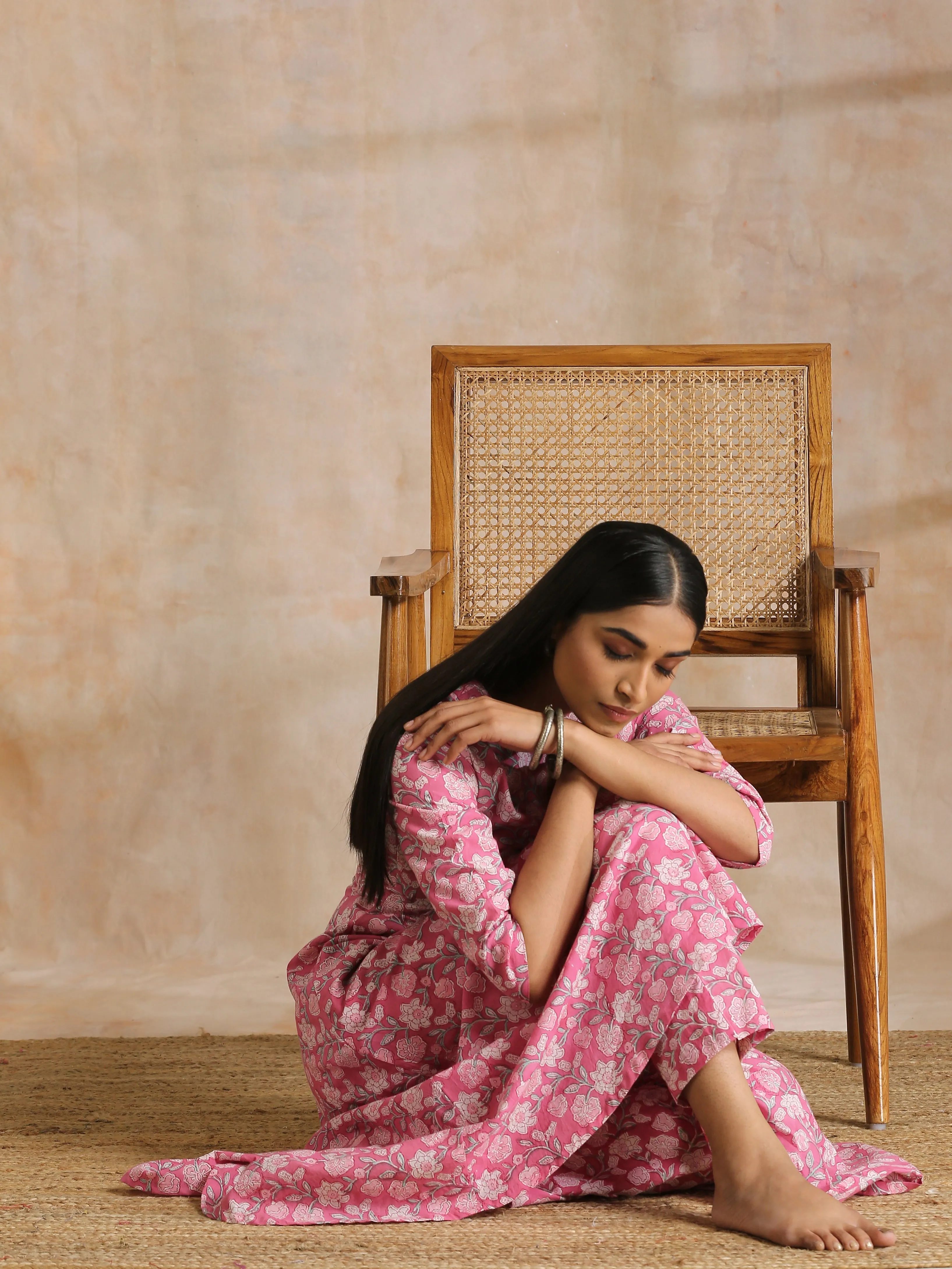 Pink Overall Floral Block Print Cotton Flared Kurta Pant Set