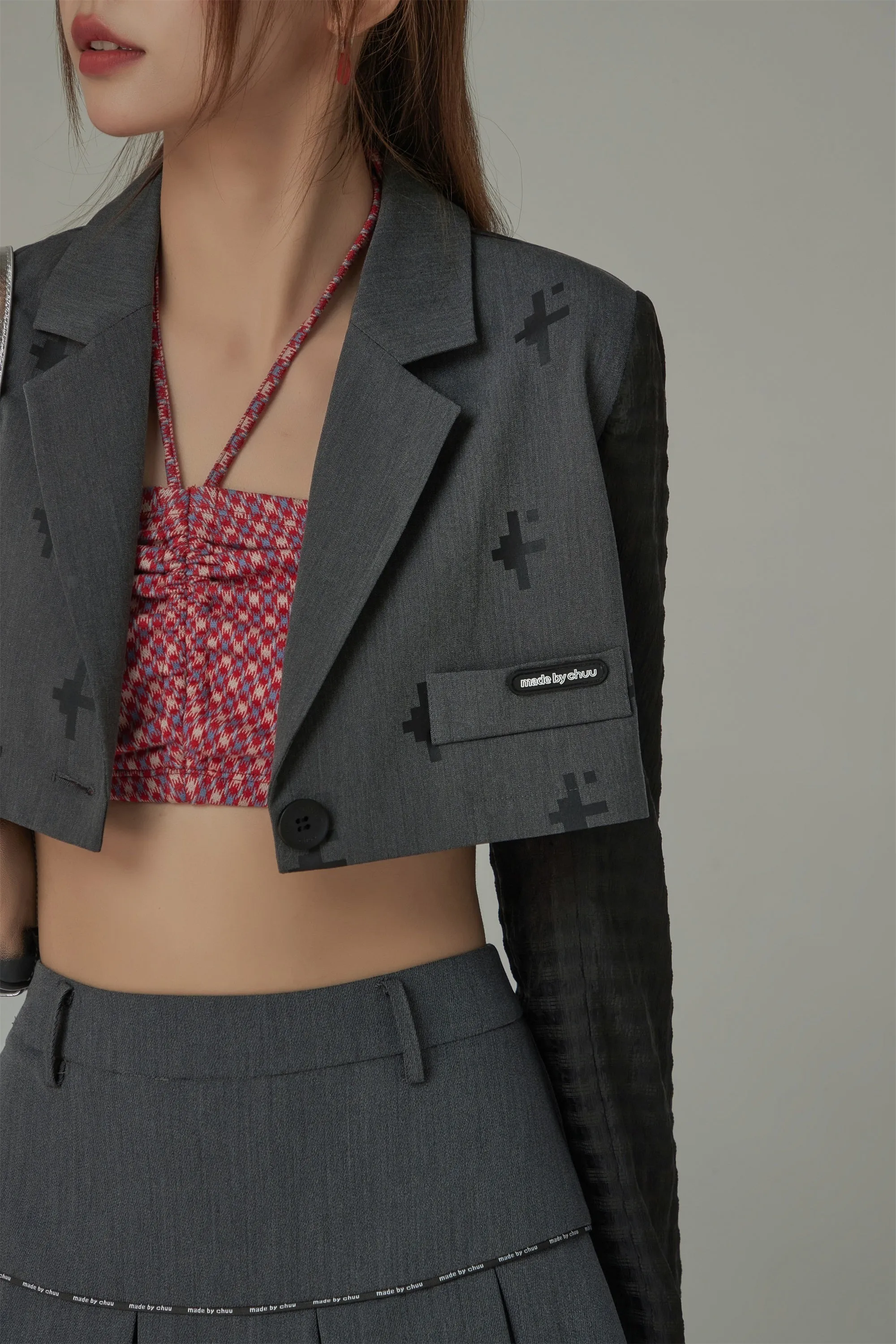 Pixel Print One-Button Cropped Jacket