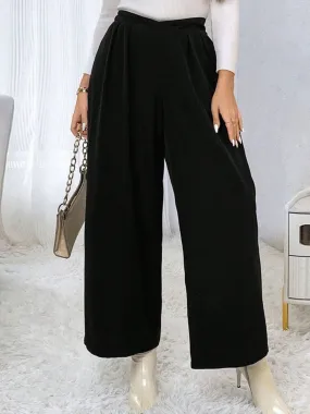 [Plus Size] Black 1940s Solid Pleated Waist Straight Pants