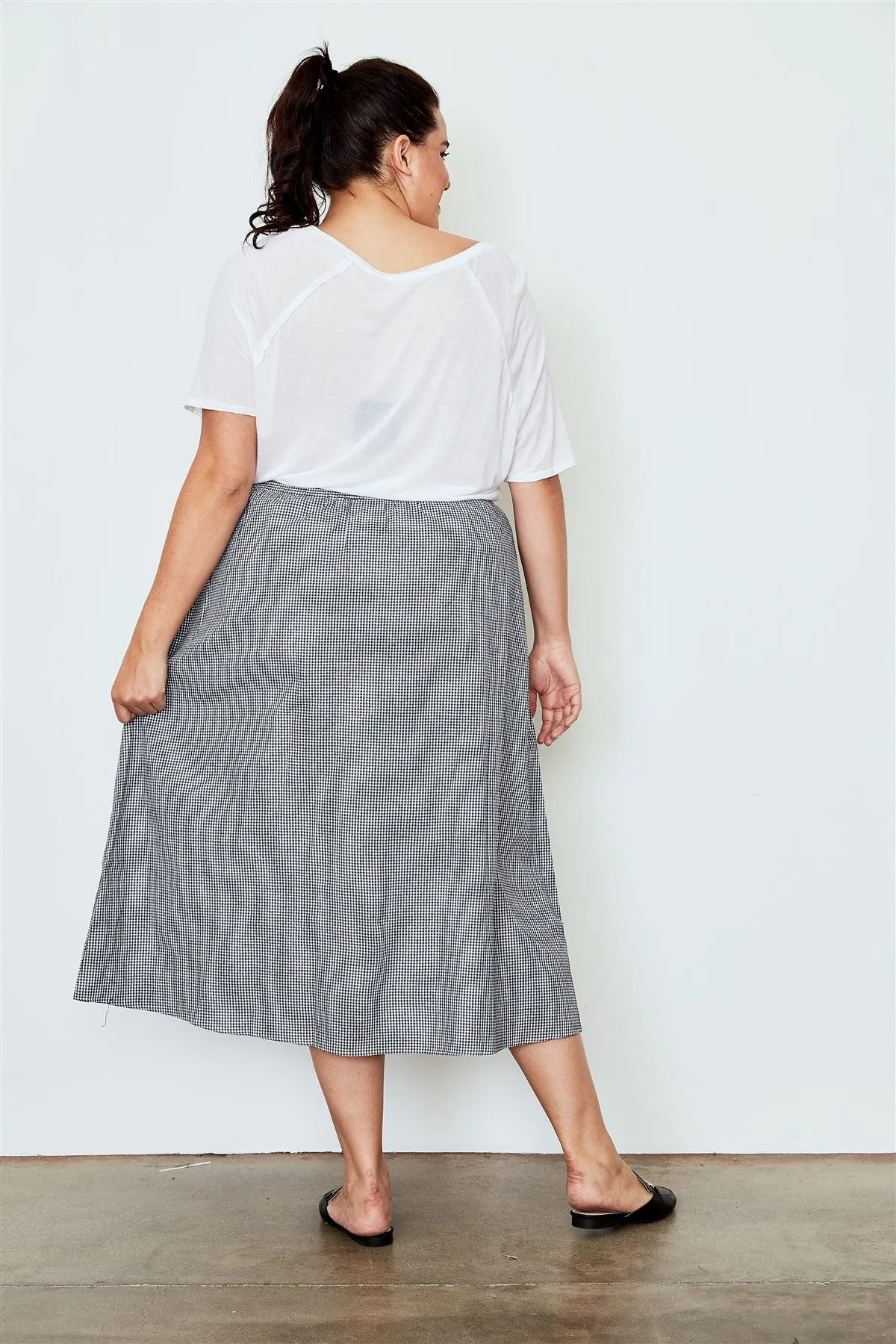 Plus Size Black Gingham Print Side Button Midi Skirt /3-2-1