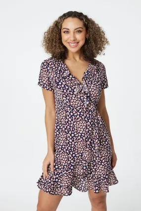 Printed Ruffle Front Wrap Dress