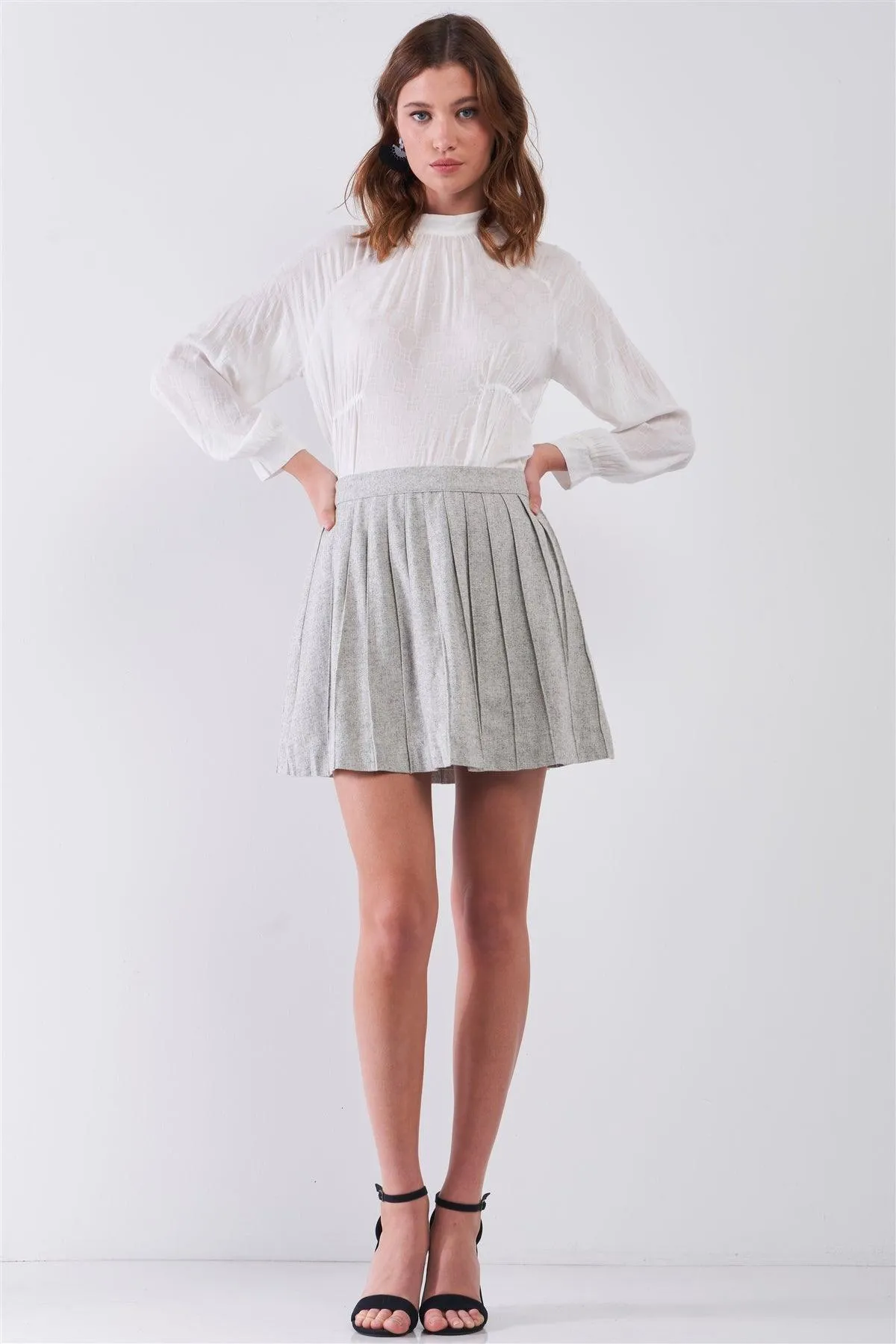 "Back To School" Grey Woolen Pleated Mini Skirt /1-2-2-1