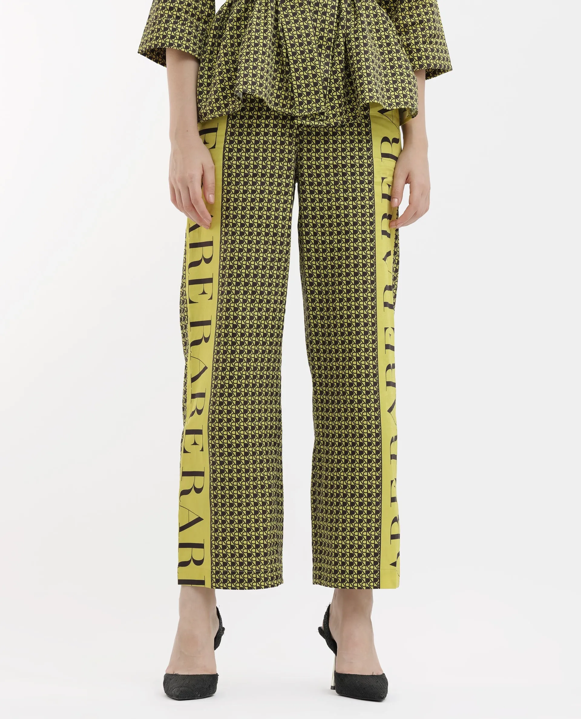 Rareism Women Geomo-B Yellow Cotton Blend Fabric Straight Fit Monogram Ankle Length Trousers