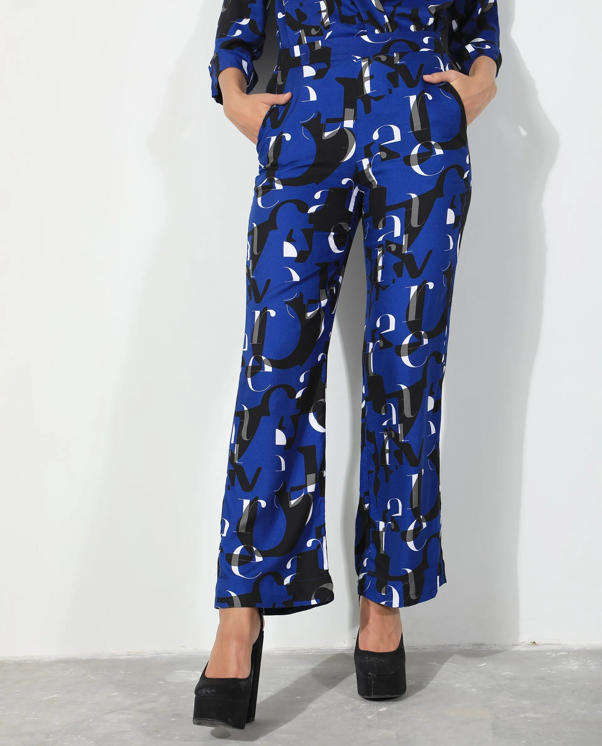 Rareism Women Ryan Blue Viscose Fabric Regular Fit Abstract Print Ankle Length Trousers