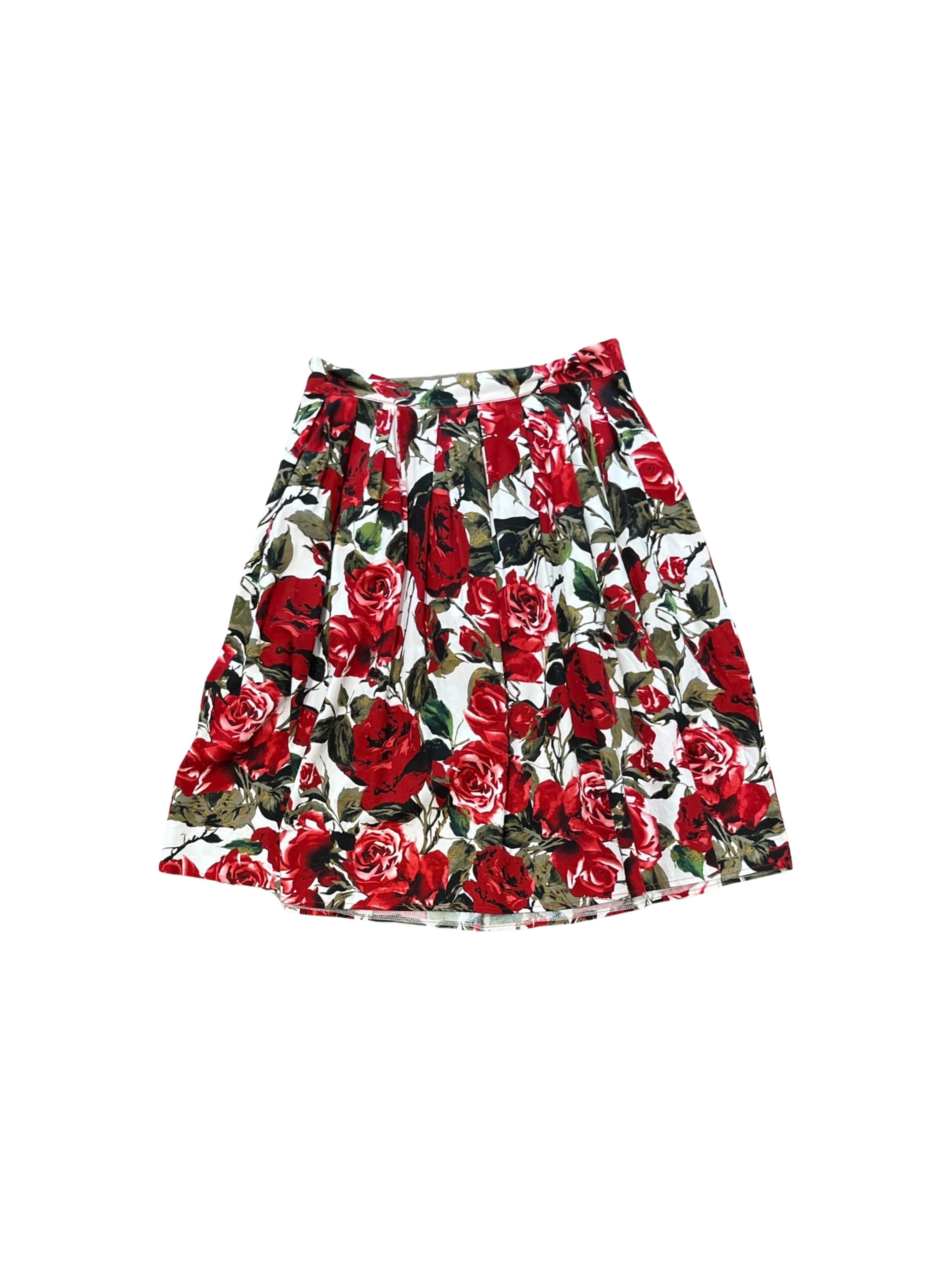 Red Roses Pleated Floral Print Midi Skirt/Large