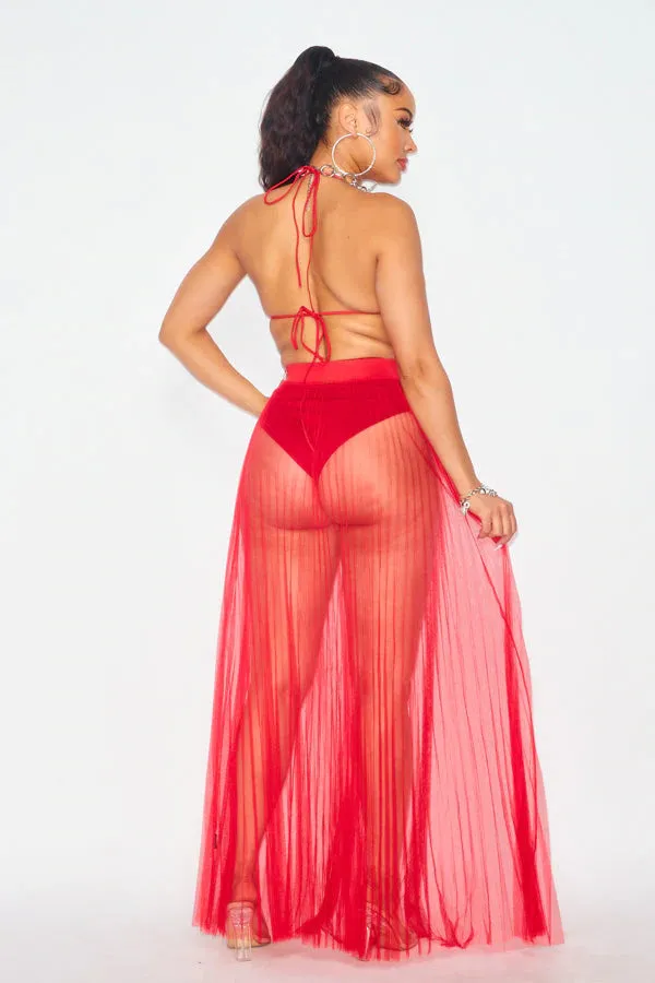 Red Stretch Band Waist Sheer Overlay Skirt