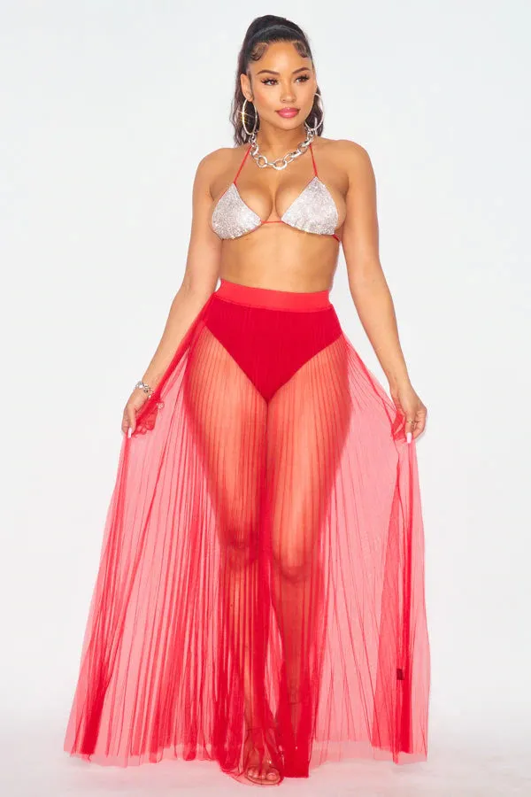 Red Stretch Band Waist Sheer Overlay Skirt