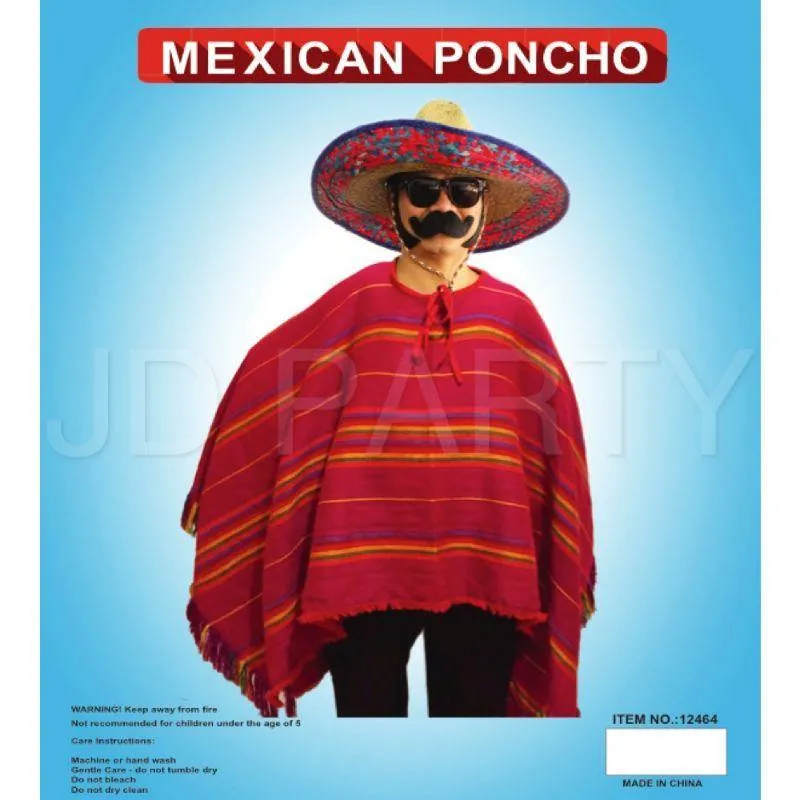 Red Thin Rainbow Stripe Adult Mexican Poncho