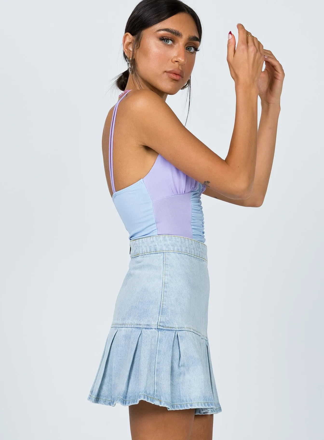 Rescue Me Pleat Mini Skirt Light Wash Denim