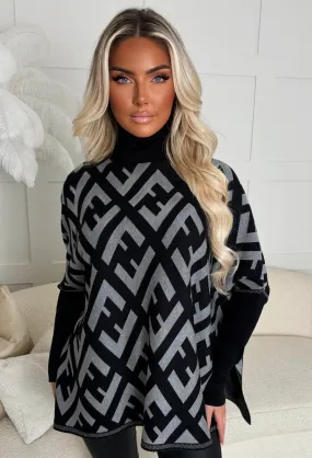 Risk My Love Monochrome Monogram Print High Neck Poncho Jumper