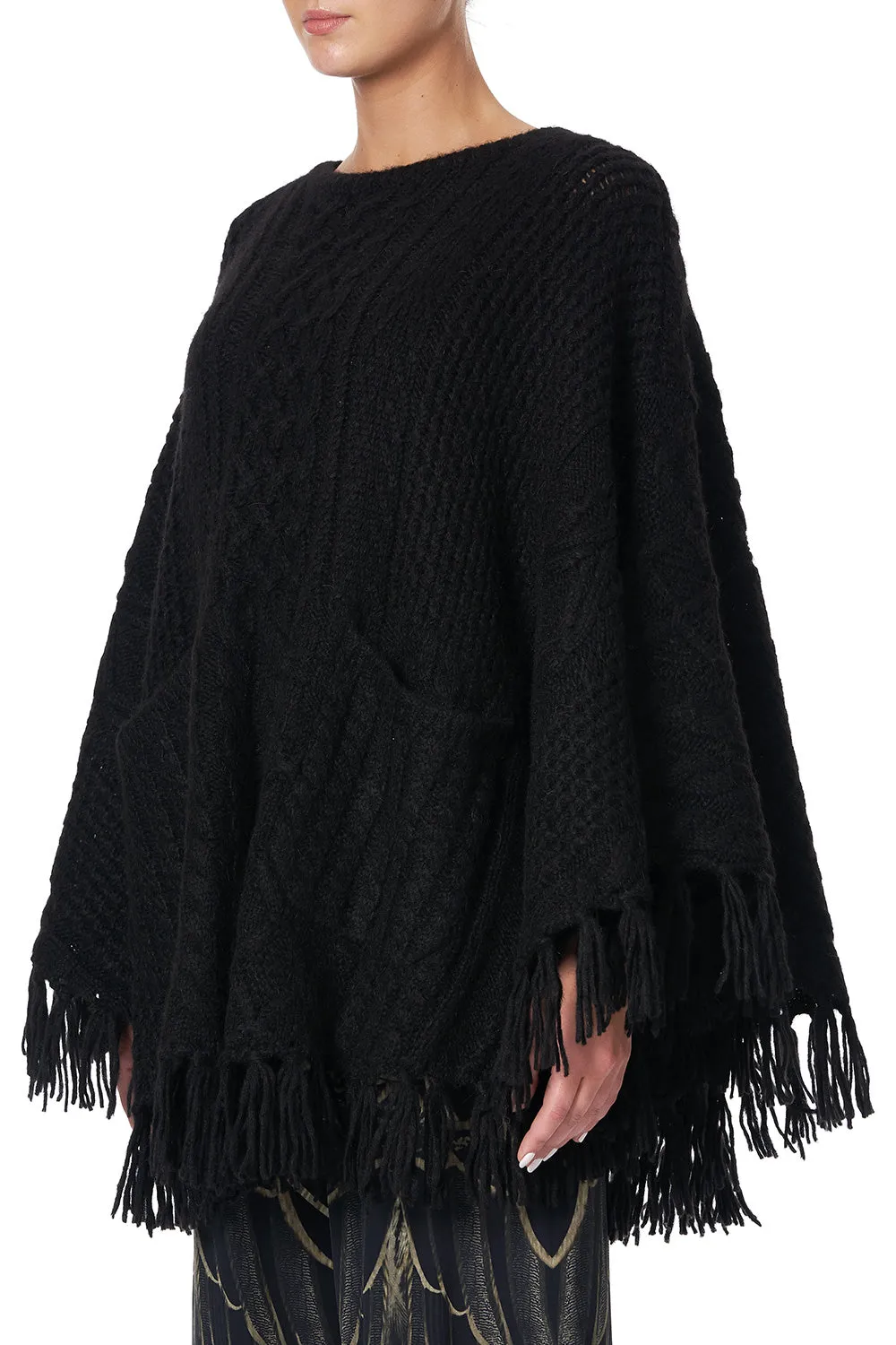 ROUND NECK PONCHO WITH POCKETS SOLID BLACK