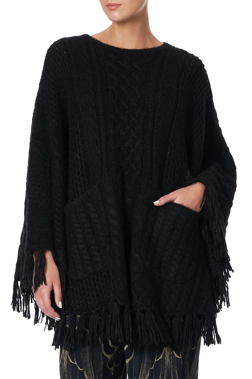 ROUND NECK PONCHO WITH POCKETS SOLID BLACK