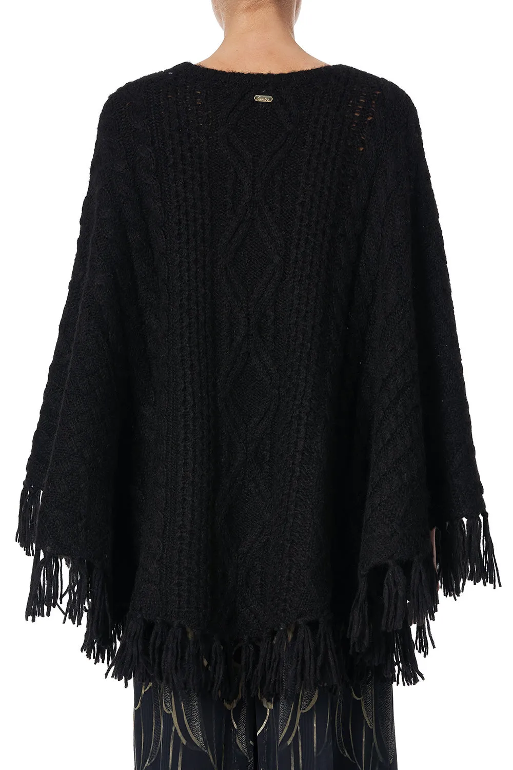 ROUND NECK PONCHO WITH POCKETS SOLID BLACK