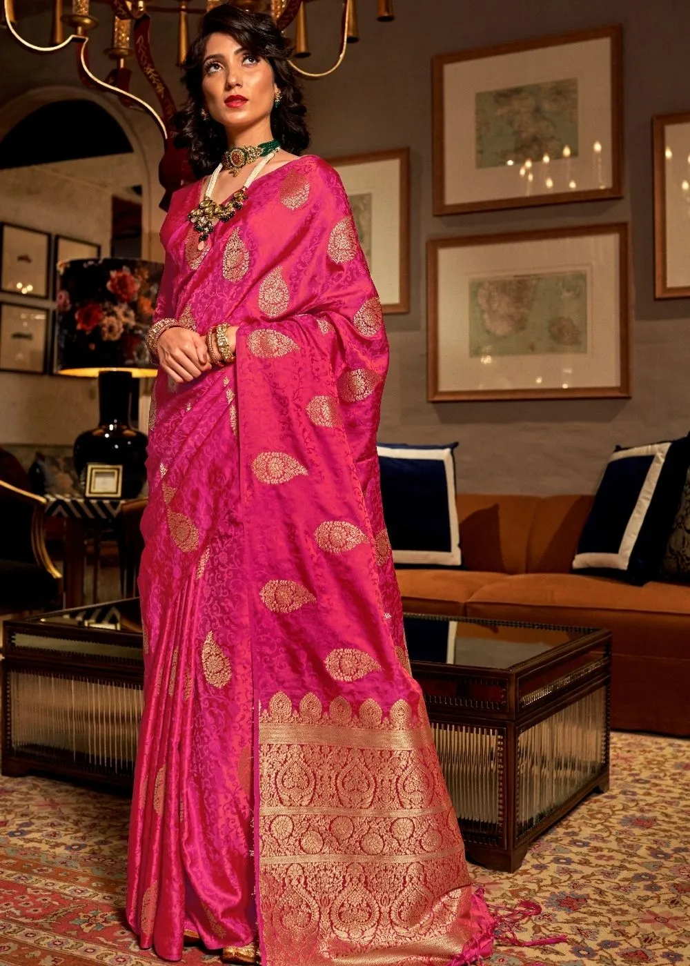 Ruby Pink Satin Woven Silk Saree with overall Golden Buti