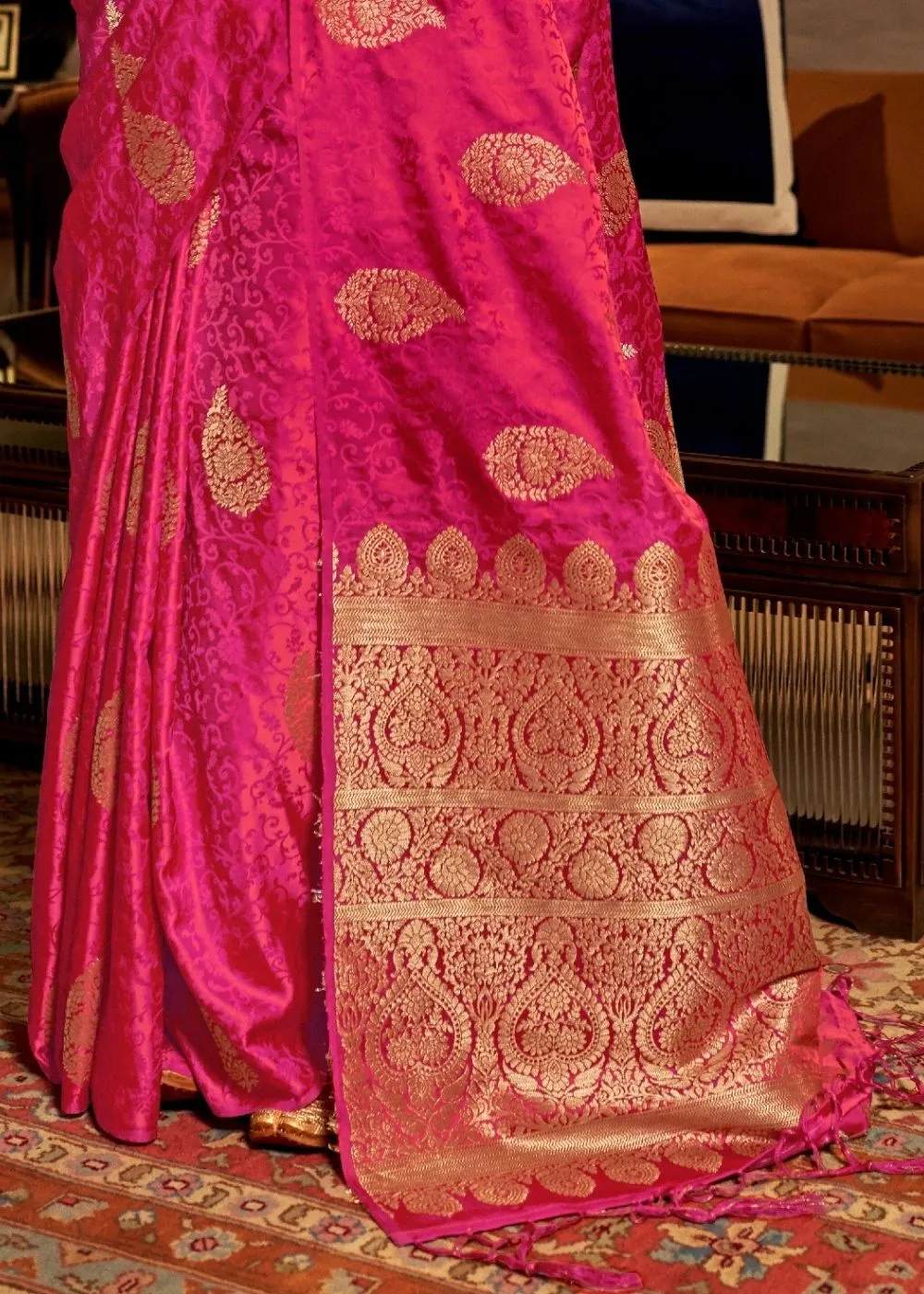 Ruby Pink Satin Woven Silk Saree with overall Golden Buti