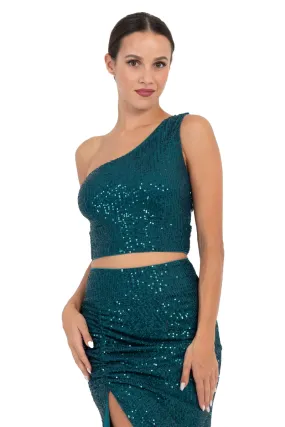 Sequinned One Shoulder Crop Top With Cutout