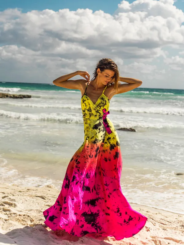 Silk Wrap Slip Maxi Dress - Astral Neon