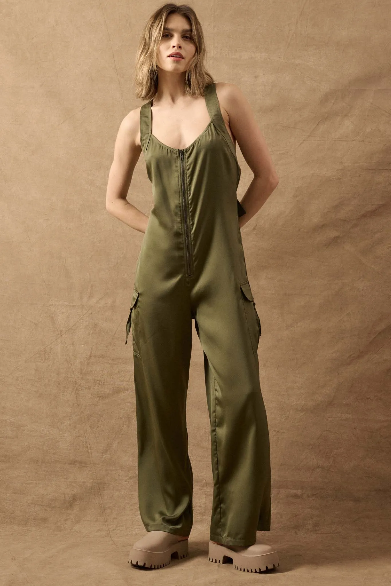 Simple Life Matte Satin Cargo Overall Jumpsuit