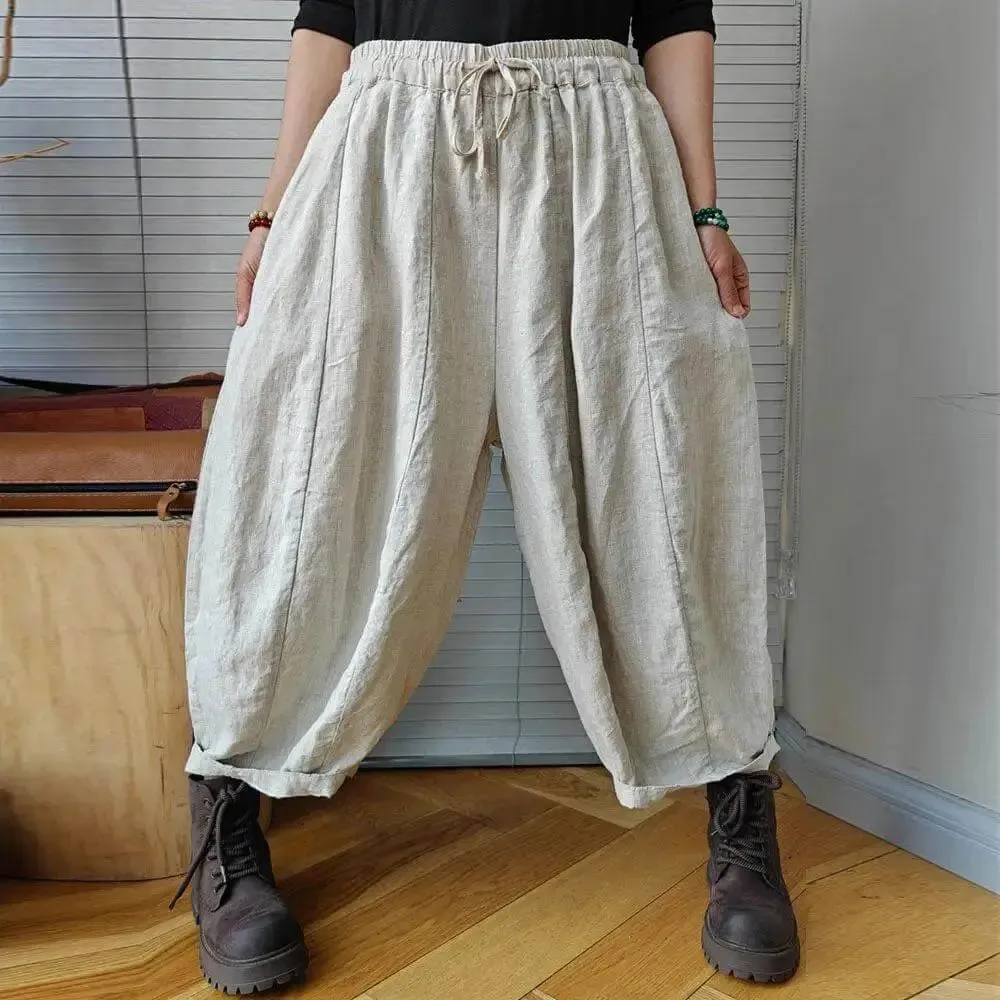 Spring Vintage Linen Pants Elastic Waist Pumpkin Pants for Women