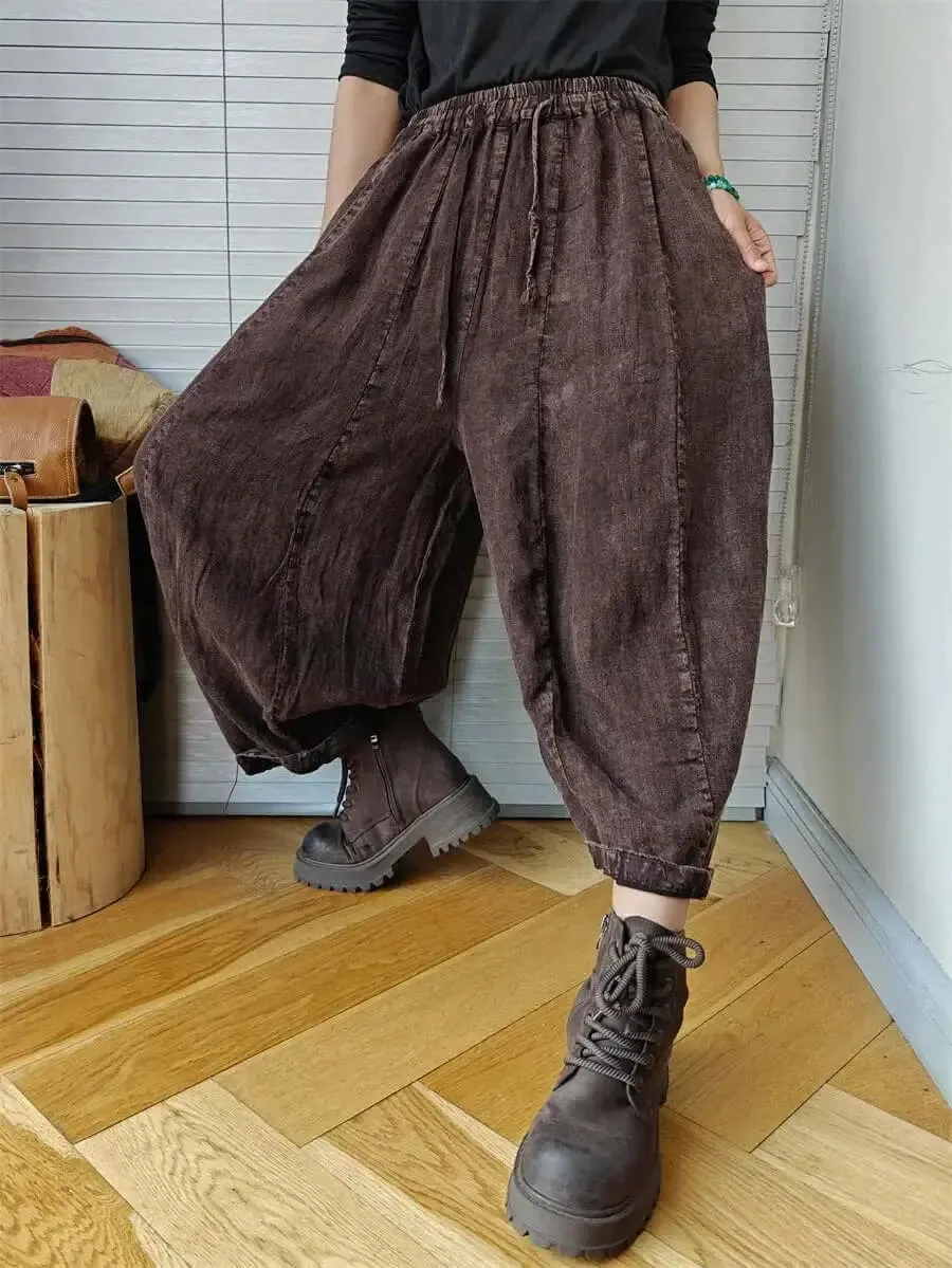 Spring Vintage Linen Pants Elastic Waist Pumpkin Pants for Women