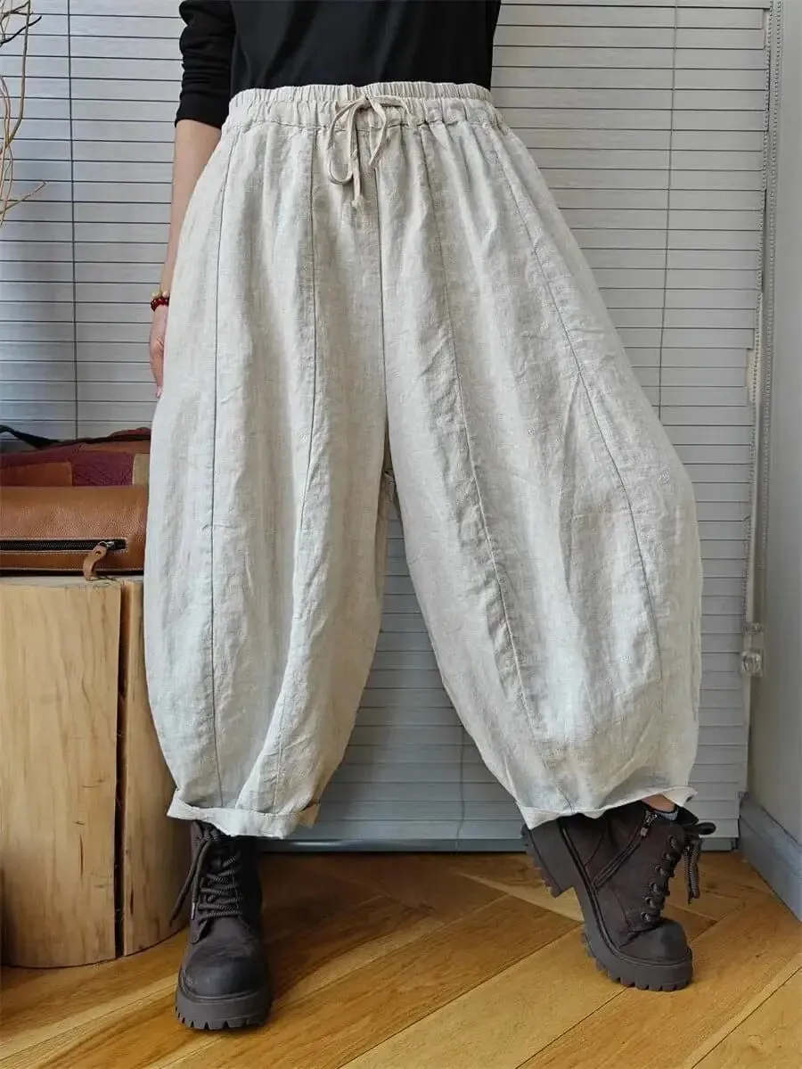 Spring Vintage Linen Pants Elastic Waist Pumpkin Pants for Women