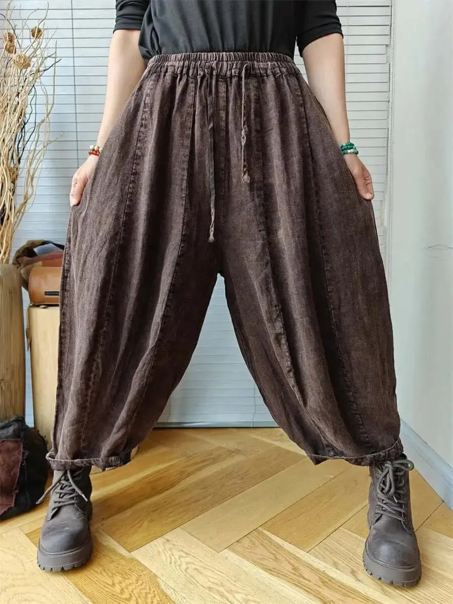 Spring Vintage Linen Pants Elastic Waist Pumpkin Pants for Women