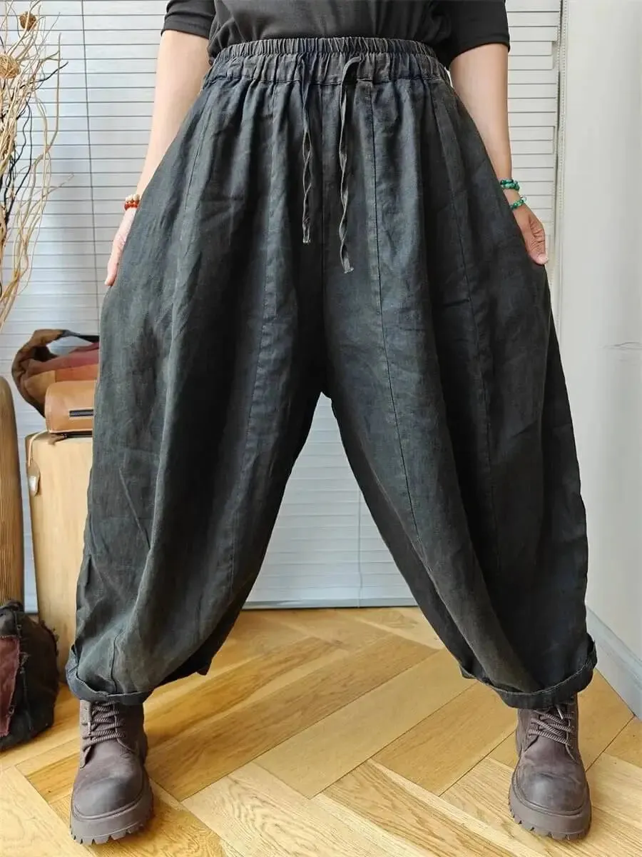 Spring Vintage Linen Pants Elastic Waist Pumpkin Pants for Women