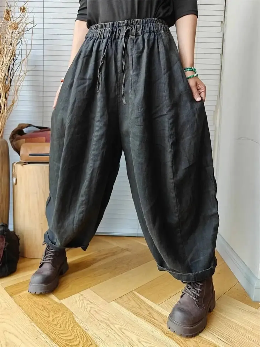 Spring Vintage Linen Pants Elastic Waist Pumpkin Pants for Women