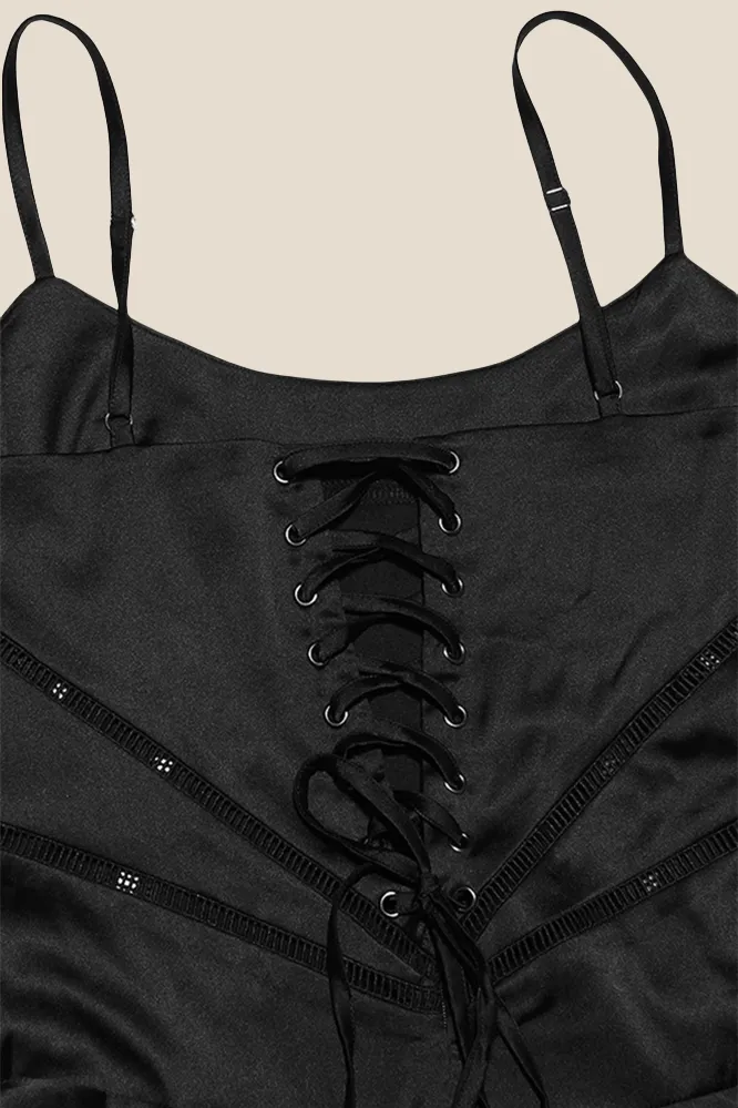 Straps Black Lace-up Back A-line Long Dress