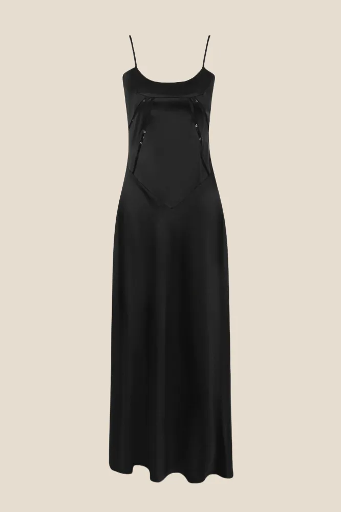 Straps Black Lace-up Back A-line Long Dress