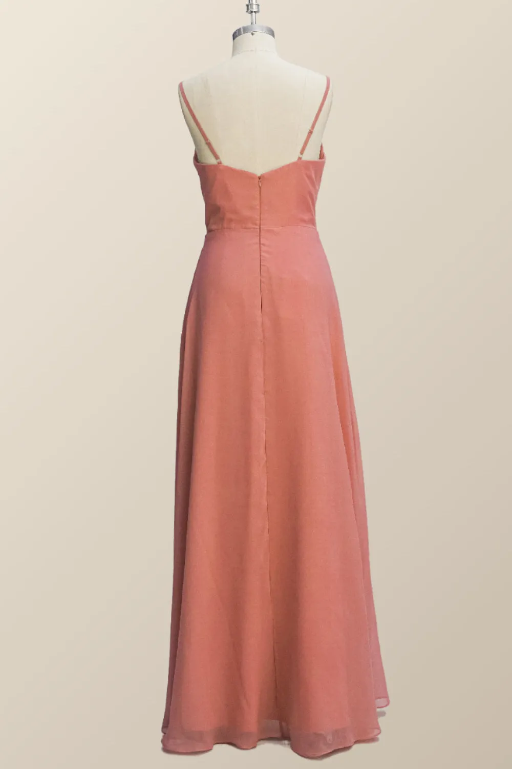 Straps Coral Chiffon A-line Ruffle Long Bridesmaid Dress