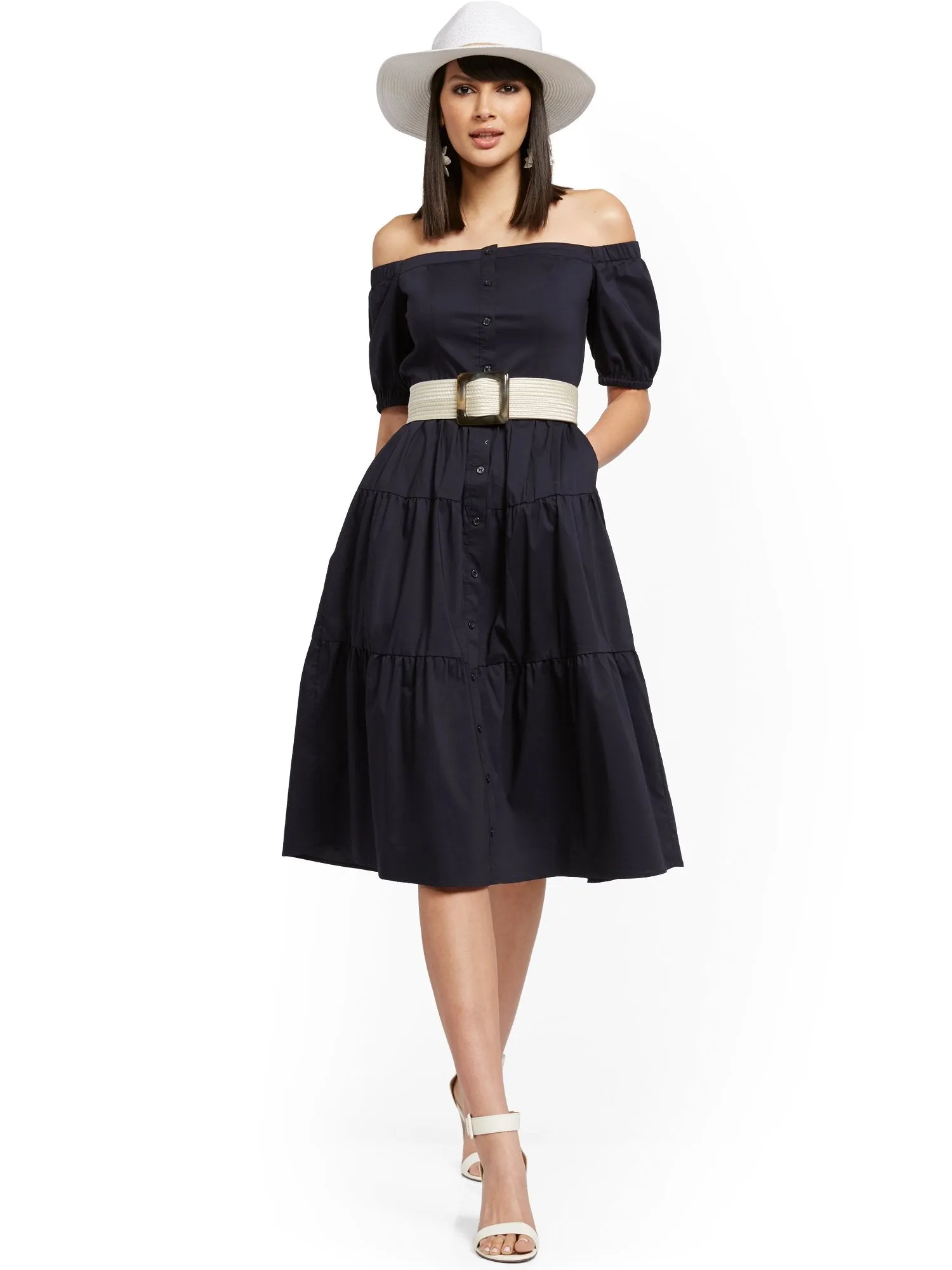 Tiered Poplin Off-The-Shoulder Midi Dress