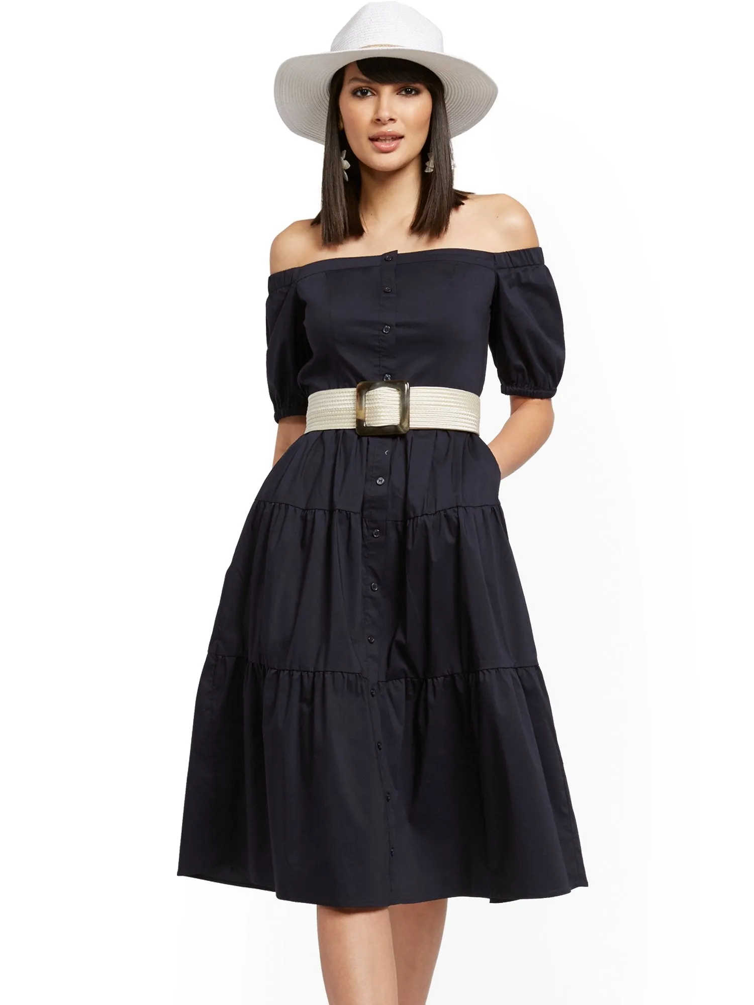 Tiered Poplin Off-The-Shoulder Midi Dress