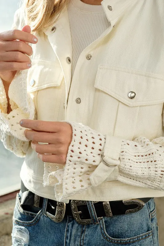 Twill Crop White Crochet Sleeve Jacket