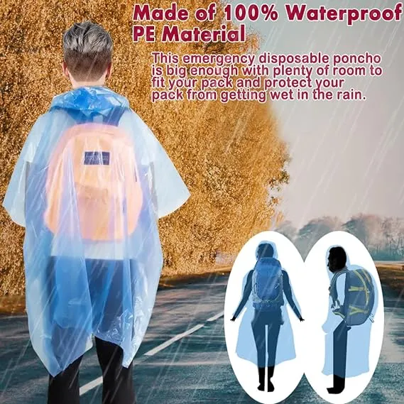 wehers 5 Pack Disposable Rain Ponchos - One Size Rain Poncho Waterproof Emergency Raincoats Rain Poncho Adult Rain Coats With Hood and Sleeves Ideal for Festivals, Camping, Fishing, Theme Parks