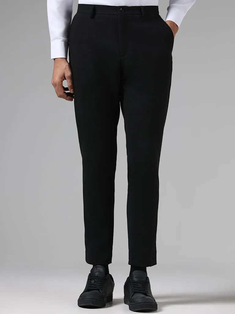 WES Formals Solid Black Slim-Fit Mid-Rise Trousers